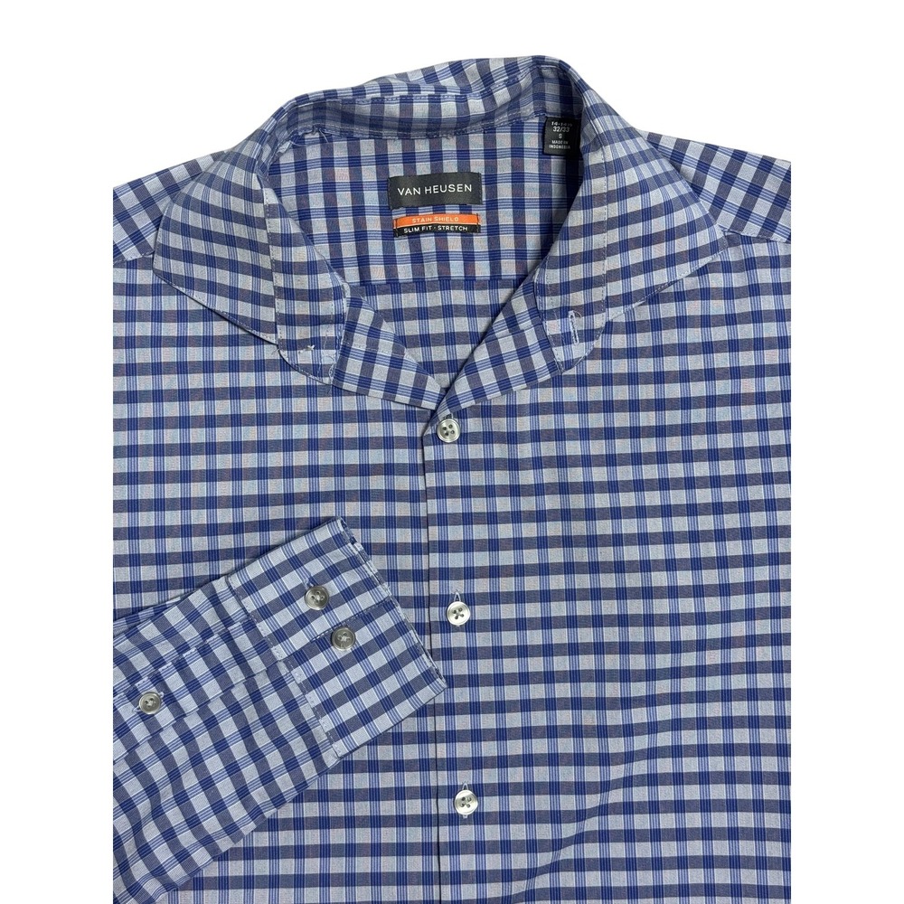 Van Heusen Shirt Mens 14.5 32/33 Blue Gingham Slim Stretch Stain Shield Dress